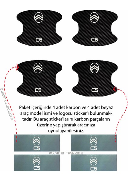 Citroen C5 Modeline Özel 4 Parçalı Karbon Çizik Koruyucu Kapı Içi Folyo Seti C5 Yazılı