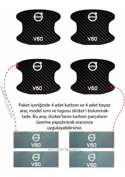 Volvo V60 Modeline Özel 4 Adet Karbon Desenli Çizik Önleyici Kapı Içi Folyo Takımı V60 Yazılı