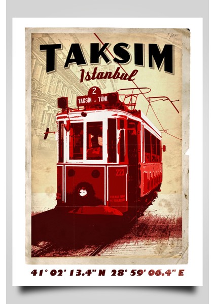 Retro Koordinatlı Şehir Posteri, Taksim, Çerçevesiz Poster-Harita Sanatı, Map Art Design