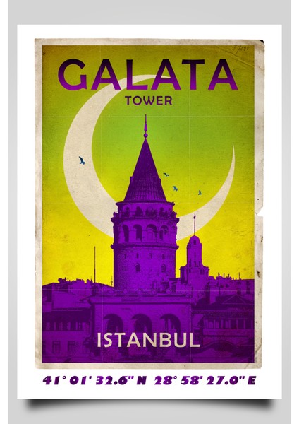 Retro Koordinatlı Şehir Posteri, Galata Kulesi, Çerçevesiz Poster-Harita Sanatı, Map Art Design