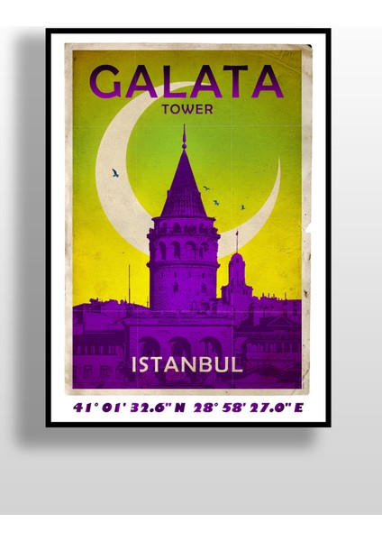 Retro Koordinatlı Şehir Posteri, Galata Kulesi, Çerçevesiz Poster-Harita Sanatı, Map Art Design