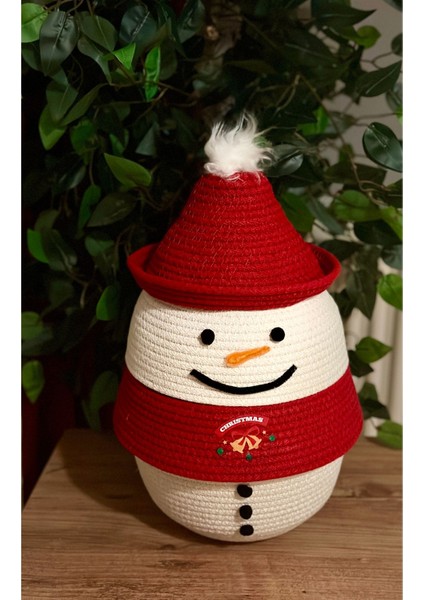 El Yapımı Tasarım Kardan Adam Dekoratif Sepet, Yılbaşı Sepet Ekru / Tek Ebat