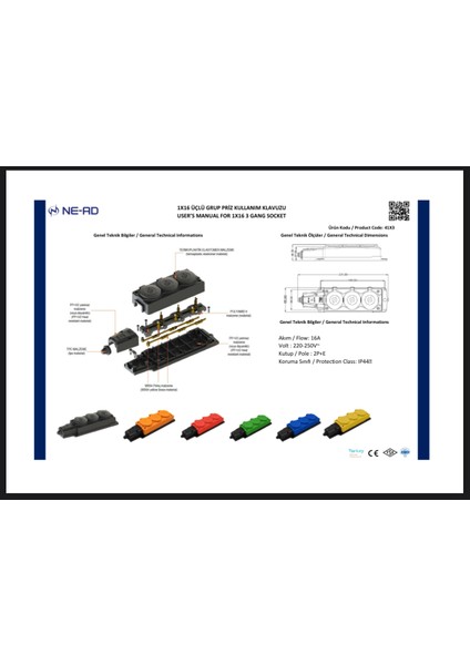 1X16A 220V Kauçuk Üçlü Grup Priz 4103