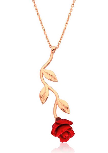 925 Ayar Gümüş Rose Kırmızı Gül Kolye