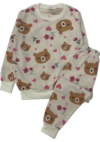 Kız Çocuk Iki Iplik Pamuklu Şardonlu Ekru Ayıcık Desen Uzun Kollu Pijama Takımı modelleri
