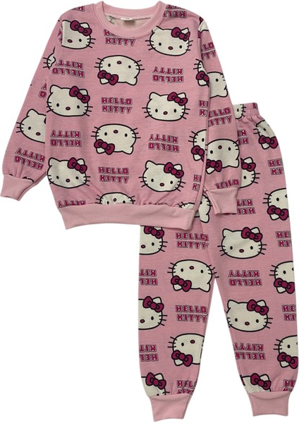 Kız Çocuk Iki Iplik Pamuklu Şardonlu Pembe Hello Kitty Desen Uzun Kollu Pijama Takımı