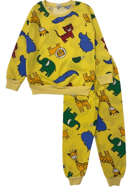 Erkek Çocuk Iki Iplik Pamuklu Şardonlu Sarı Hayvan Desenli Uzun Kollu Pijama Takımı