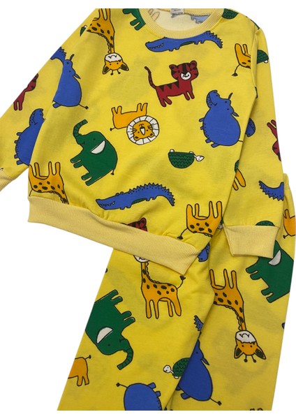Erkek Çocuk Iki Iplik Pamuklu Şardonlu Sarı Hayvan Desenli Uzun Kollu Pijama Takımı fırsatları