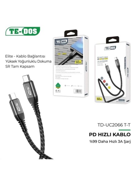 Te-Dos 60W Quick Fast Hızlı Pd Usb-C Type-C Apple iPhone Android Macbook Uyumlu Veri Data Aktarım Şarj Kab