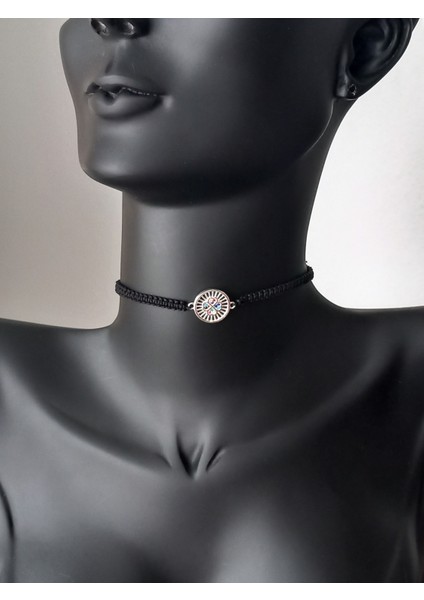 Gümüş Siyah Ip Lotus Çiçek Tasma Tasarım Kadın Choker Kolye Yılbaşı Yeni Yıl Hediye