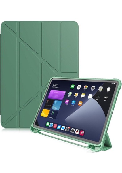 Samsung Galaxy Tab S7 Plus SM-T970 12.4" Kılıf Uyku Modlu Kalem Bölmeli Arkası Yumuşak Silikon Smart Standlı Kapaklı Tri Folding Tablet Kılıfı Koyu Yeşil fiyatları