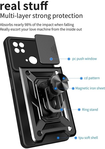 Xiaomi Redmi 10C Kılıf Kamera Korumalı Sürgülü Yüzüklü Armor Military Tank Koruyucu Kapak