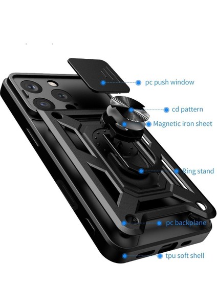 Apple iPhone 16 Pro Kılıf Kamera Korumalı Sürgülü Yüzüklü Armor Military Tank Koruyucu Kapak