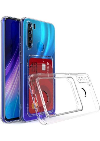 Xiaomi Redmi Note 8 Kılıf Kartlıklı Cüzdanlı Kamera Korumalı Şeffaf Renksiz Esnek Silikon Kapak