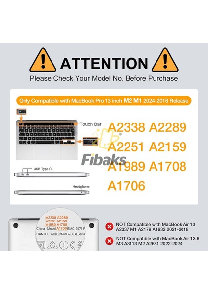 Apple Macbook Pro 13 M1-M2 Çip 2020/2022 A2251-A2289-A2338-A1706-A1708-A2159 Uyumlu Kristal Şeffaf Transparan Koruyucu Kapak