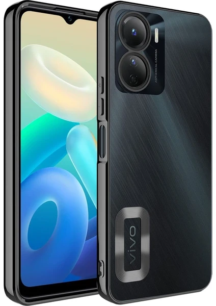 Vivo Y16 Kılıf Logo Gösteren Parlak Kenarlı Kamera Lens Korumalı Şeffaf Omega Silikon Kapak