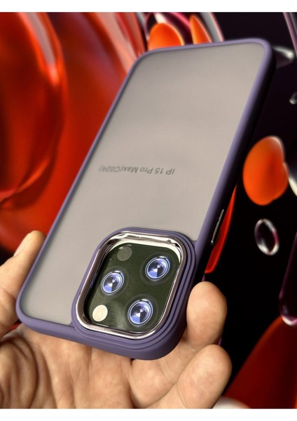 Apple iPhone 15 Pro Max Kılıf Metal Çerçeve Hassas Butonlu Renkli Buzlu Şeffaf Transparan Kapak