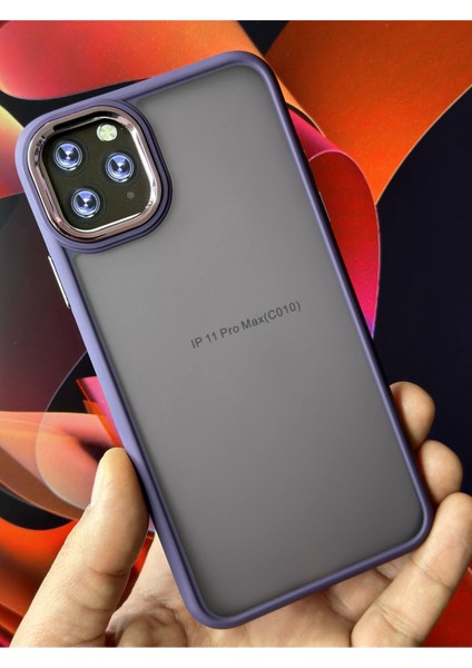 Apple iPhone 11 Pro Max Kılıf Metal Çerçeve Hassas Butonlu Renkli Buzlu Şeffaf Transparan Kapak