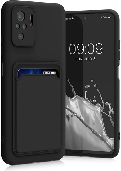 Xiaomi Redmi Note 10S Kılıf Kamera Korumalı Kartlıklı Cüzdanlı Kırmızı Tuşlu Siyah Silikon Kapak