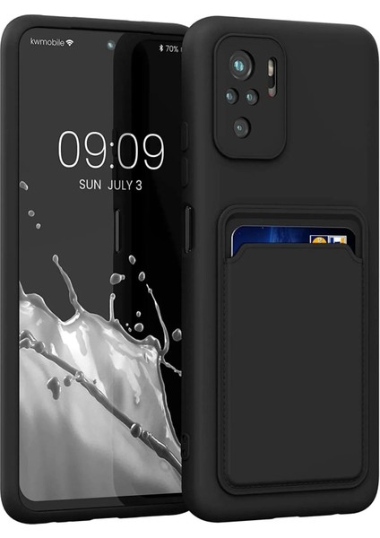 Xiaomi Redmi Note 10S Kılıf Kamera Korumalı Kartlıklı Cüzdanlı Kırmızı Tuşlu Siyah Silikon Kapak