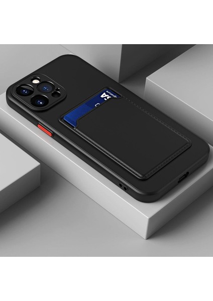 Apple iPhone 14 Pro Max Kılıf Kamera Korumalı Kartlıklı Cüzdanlı Kırmızı Tuşlu Siyah Silikon Kapak