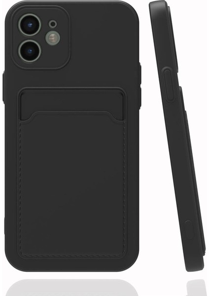 Apple iPhone 12 Kılıf Kamera Korumalı Kartlıklı Cüzdanlı Kırmızı Tuşlu Siyah Silikon Kapak