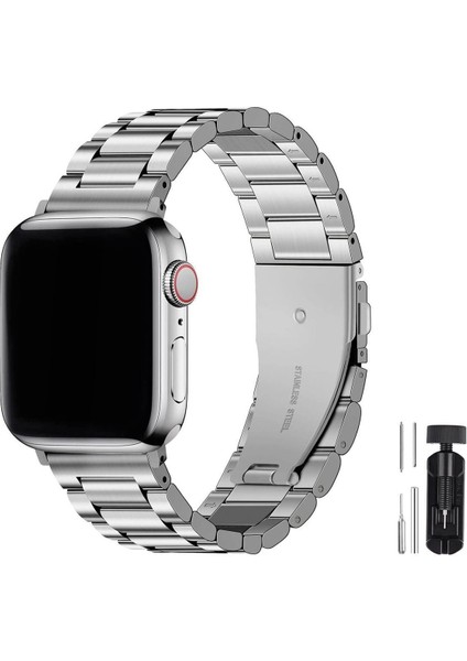 Apple Watch Series 1/2/3/4/5/6/7/8/se 44MM Kordon Paslanmaz Çelik Stainless Steel Baklalı Ayarlanabilir Akıllı Saat Kordonu ve Ayarlama Aparatı