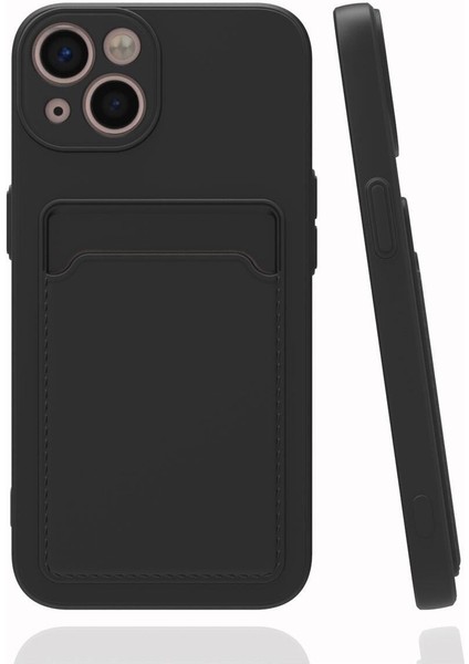 Apple iPhone 15 Plus Kamera Korumalı Kartlıklı Cüzdanlı Kırmızı Tuşlu Siyah Silikon Kılıf