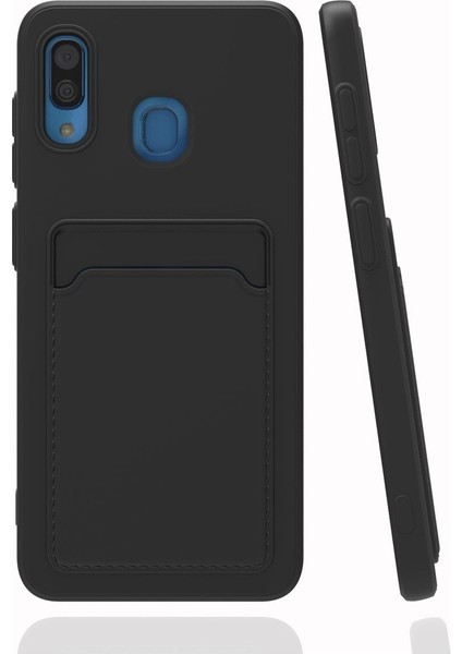 Samsung Galaxy A20 Kılıf Kamera Korumalı Kartlıklı Cüzdanlı Kırmızı Tuşlu Siyah Silikon Kapak