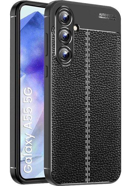 Samsung Galaxy A55 Kılıf Kamera Çıkıntılı Deri Görünümlü Dikiş Desenli Koruyucu Kapak Kilif