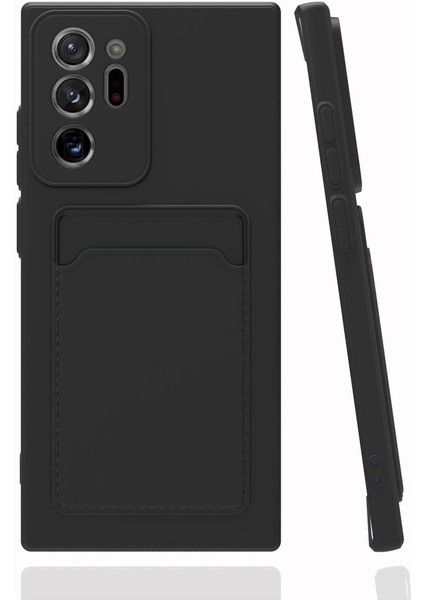 Samsung Galaxy Note 20 Ultra Kılıf Kamera Korumalı Kartlıklı Cüzdanlı Kırmızı Tuşlu Siyah Silikon Kapak