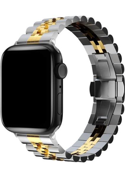 Apple Watch Series 1/2/3/4/5/6/7/8/9/se Ultra 49MM Kordon Paslanmaz Çelik Çift Renkli Rolex Görünümlü Ayarlanabilir Akıllı Saat Kordonu ve Ayarlama Aparatı