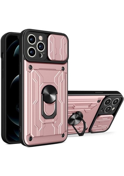 Apple iPhone 13 Pro Max Uyumlu Kartlıklı Sürgülü Slayt Kamera Korumalı Standlı Tank Kapak