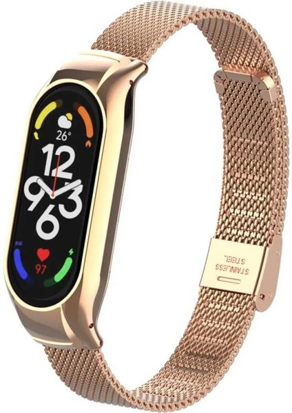Xiaomi Mi Band 7 Metal Kasalı Klipsli Hasır Desenli Paslanmaz Çelik Kordon