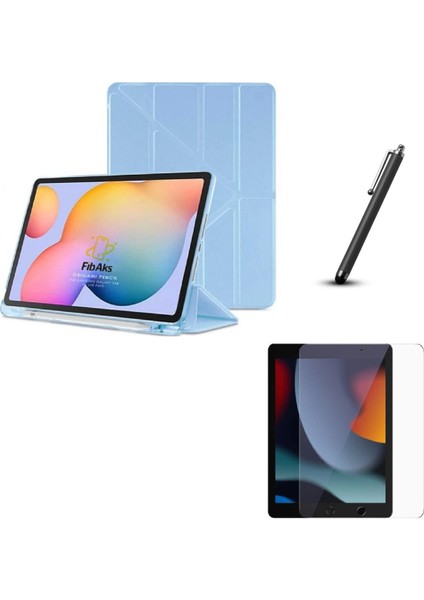 iPad 9. Nesil Uyumlu Kılıf + Ekran Koruyucu + Kalem Bölmeli Kalemlikli Standlı 360 Kapaklı Mavi