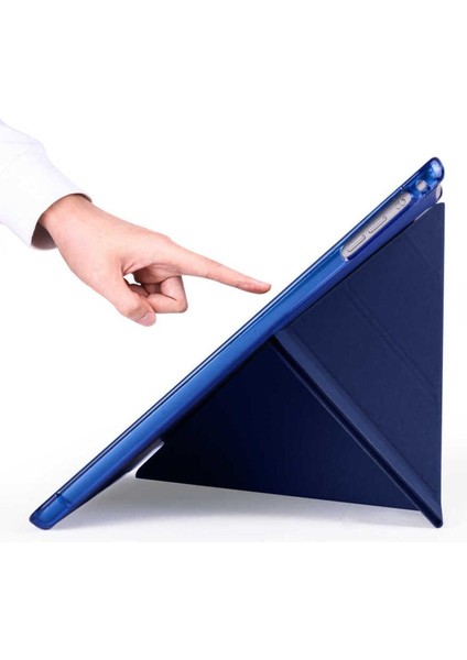 iPad 9. Nesil Uyumlu Kılıf + Ekran Koruyucu + Kalem Bölmeli Kalemlikli Standlı 360 Kapaklı Mavi