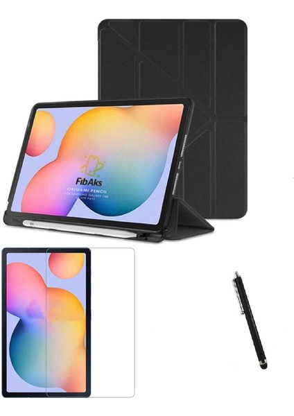 Samsung Galaxy S6 Lite Kılıf + Ekran Koruyucu + Kalem SM-P610 SM-P615 SM-P617 Dikey Yatay Stand Olabilen Arkası Yumuşak Kapaklı Silikon 360 Tam Koruma