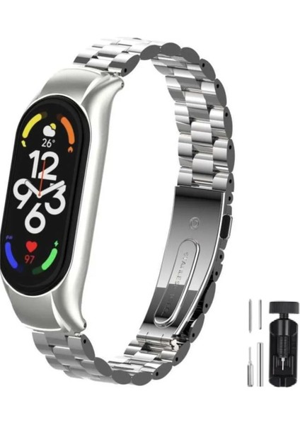 Xiaomi Mi Band 8 Kordon Kasalı Paslanmaz Çelik Stainless Steel Baklalı Ayarlanabilir Akıllı Saat Kordonu ve Ayarlama Aparatı