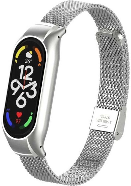 Xiaomi Mi Band 8 Uyumlu Paslanmaz Kasa Klipsli Metal Hasır Kordon Kayış Bileklik