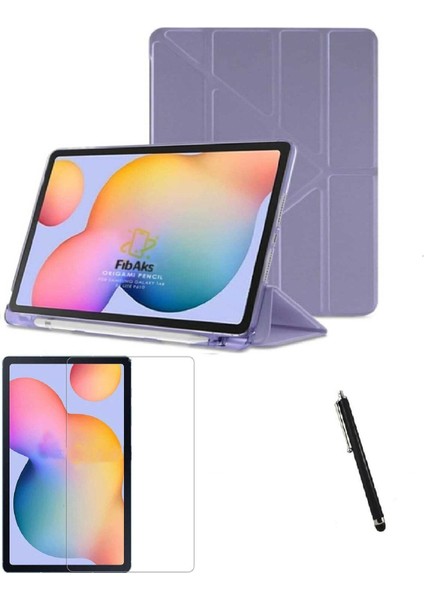Samsung Galaxy S6 Lite Kılıf + Ekran Koruyucu + Kalem SM-P610 SM-P615 SM-P617 Dikey Yatay Stand Olabilen Arkası Yumuşak Kapaklı Silikon 360 Tam Koruma