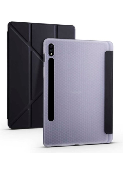 Samsung Galaxy Tab S7 Plus SM-T970 12.4" Kılıf Uyku Modlu Kalem Bölmeli Arkası Yumuşak Silikon Smart Standlı Kapaklı Tri Folding Tablet Kılıfı Siyah modelleri