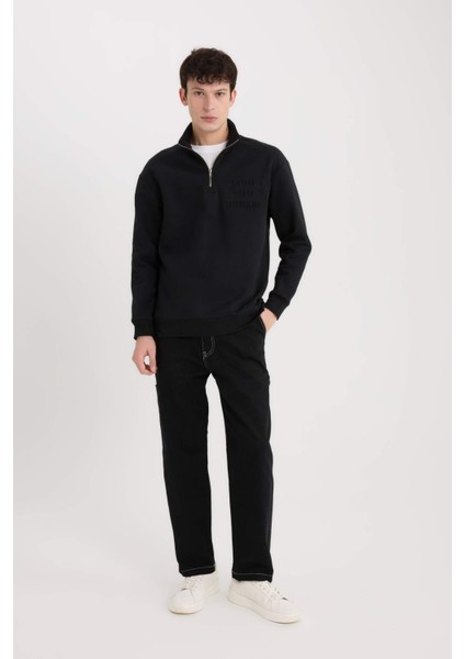 Comfort Regular Fit Rahat Kalıp Dik Yaka Fermuarlı Baskılı Sweatshirt B0254AX24AU fiyatları