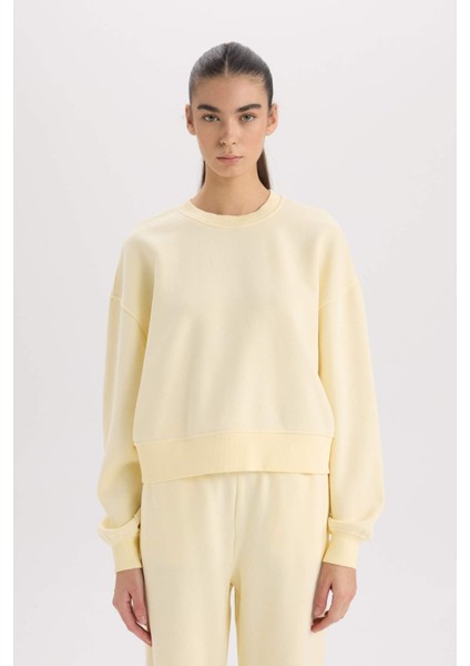 Boxy Fit Bisiklet Yaka Basic Düz Kalın Sweatshirt E4732AX24CW
