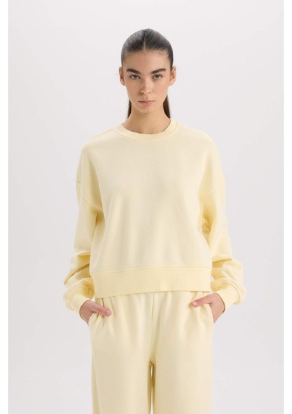 Boxy Fit Bisiklet Yaka Basic Düz Kalın Sweatshirt E4732AX24CW