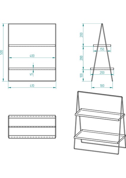 2 Katlı Üçgen Siyah Metal Banyo, Mutfak, Makyaj Organizatörü - Model 2