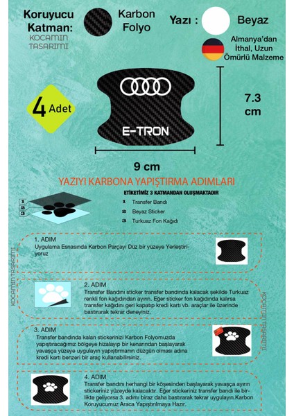 Karbon Tasarımlı Audi E-Tron Kapı Içi Çizik Koruma ve Estetik Folyo Seti - 4 Parça E-Tron Yazılı