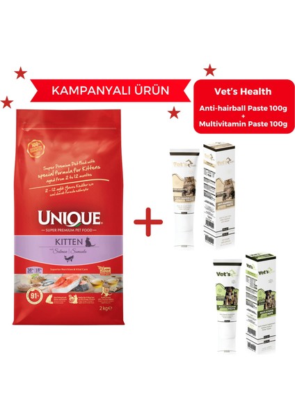 Kitten Somonlu Kedi Maması 2 kg Vet's Health Anti Hairball Paste 100 gr + Multivitamin Paste 100 gr Hediyeli