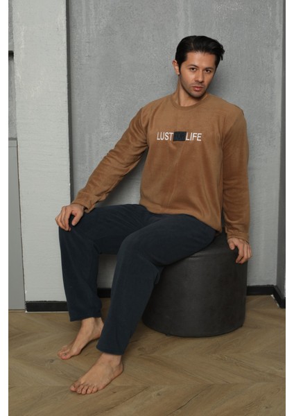 Erkek Yazı Detaylı Polar Pijama Takımı