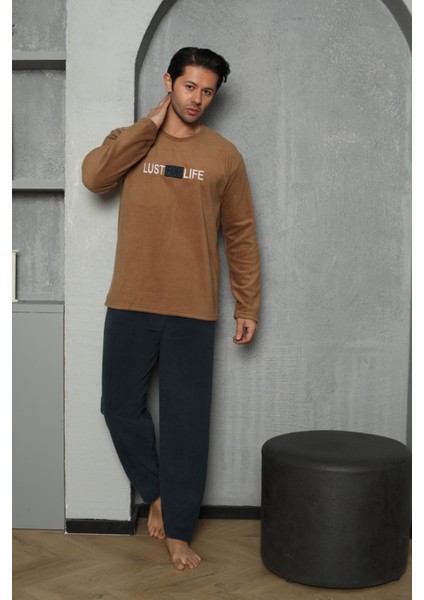 Erkek Yazı Detaylı Polar Pijama Takımı