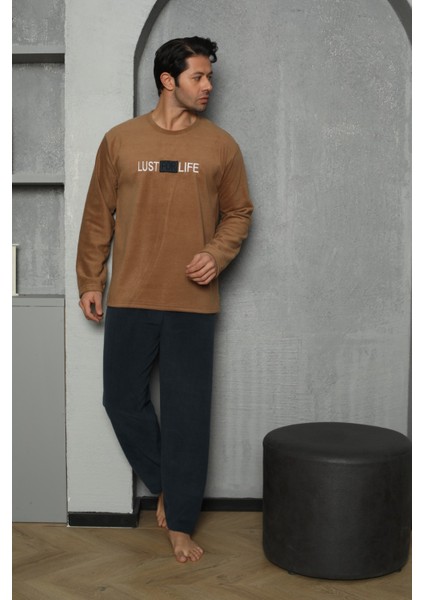 Erkek Yazı Detaylı Polar Pijama Takımı